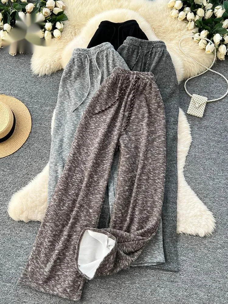

Minimalist Homewear Knit Trousers Lazy Stretchy High Waist Drawstring Female Fleece-Lined Winter Cozy Wide Leg Pants