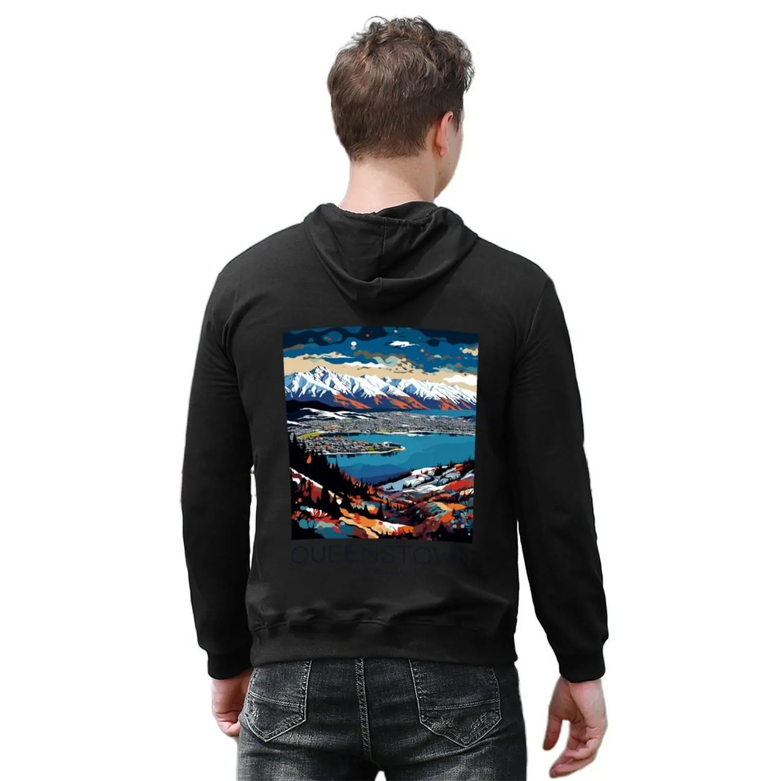 فن البوب للسفر مطبوع من Queenstown - ملابس رجالية بقلنسوة من نيوزيلندا ملابس رجالية ملابس رجالية بقلنسوة للرجال