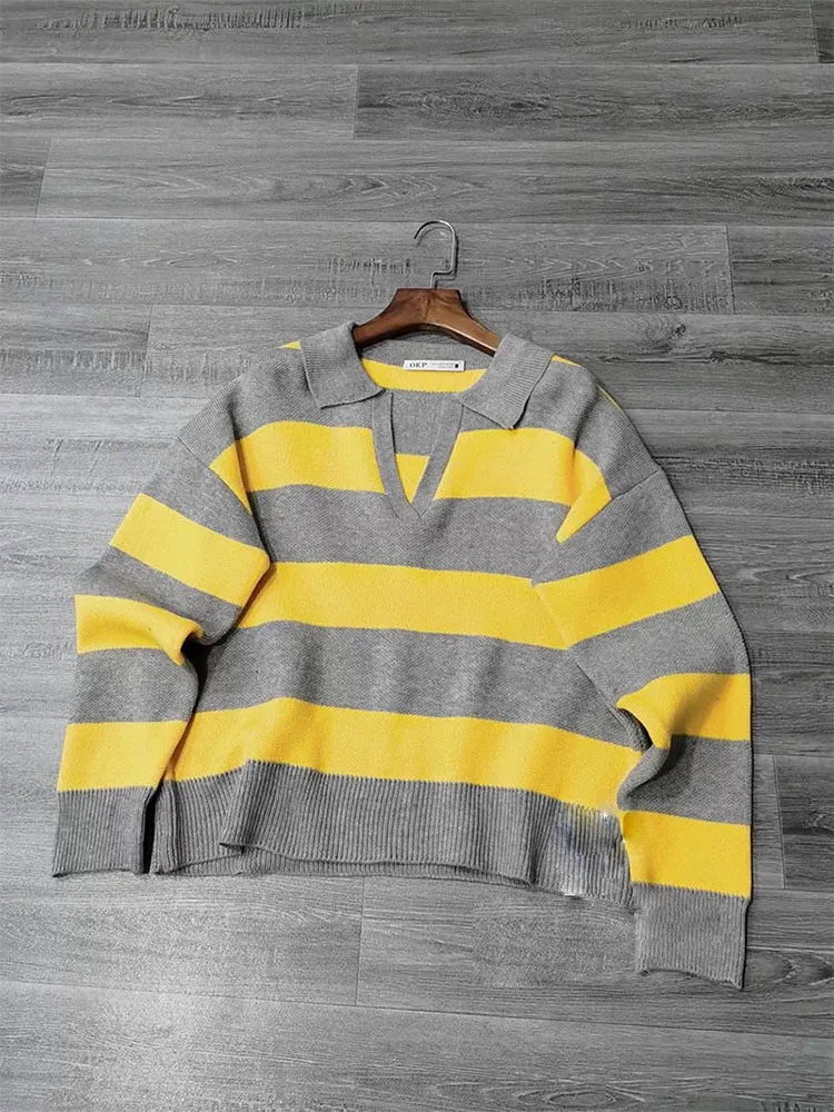 المرأة الخريف الشتاء الصلبة بولو طوق سترة البلوز سترة الإناث أنيقة الدافئة الأصفر الرمادي مخطط محبوك اقتصاص سترة #2