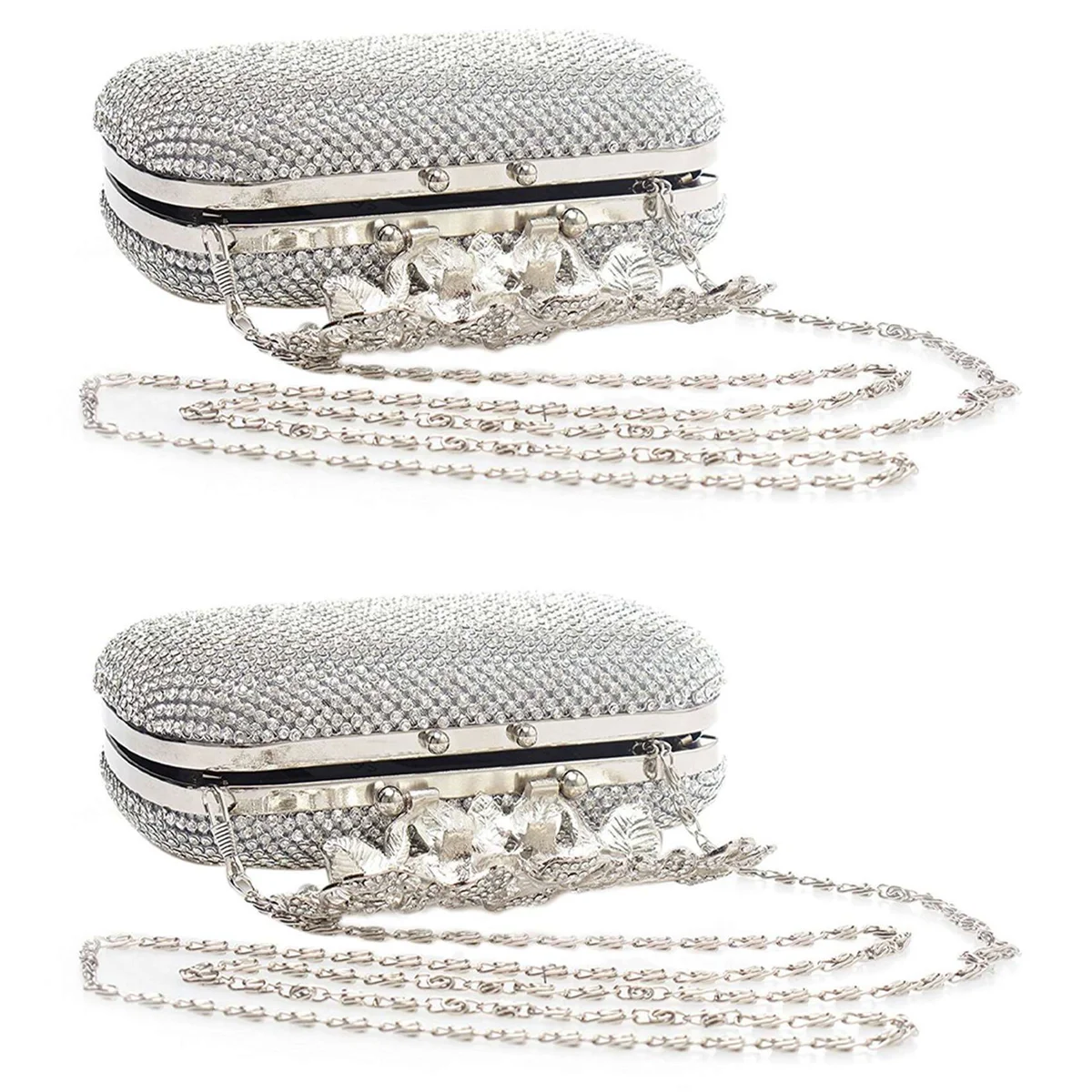 2X Unique Clasp Silver Diamante Crystal Diamond Evening Bag Clutch Purse Party Bridal Prom