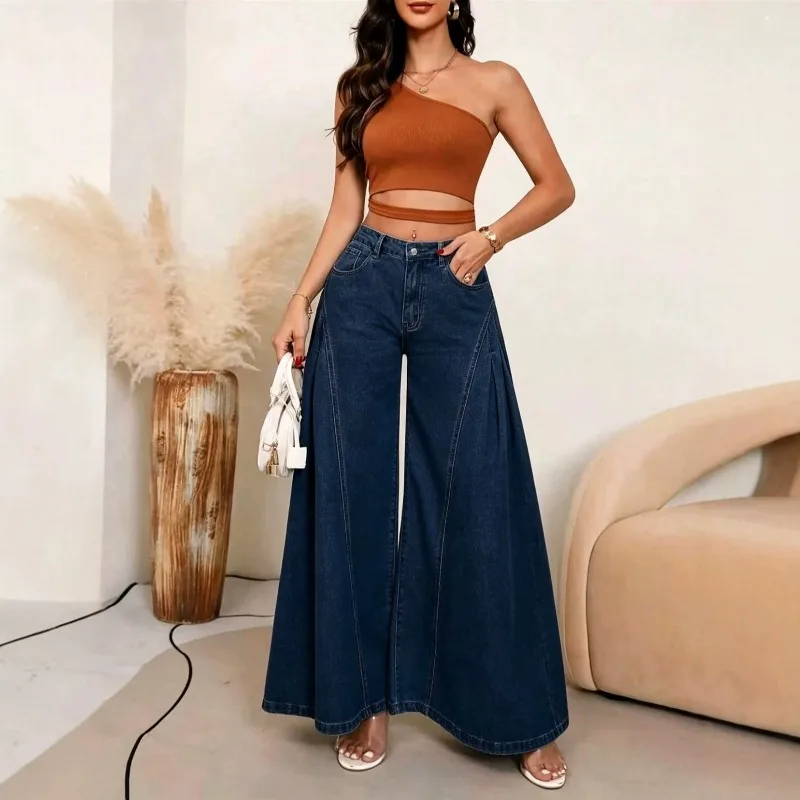 Wide-Leg Jeans Women'S Waist Elastic Spliced Mop Pants Denim Flared A Line Blue Washed Jean Denim Pants Oversize Vintage Trouser