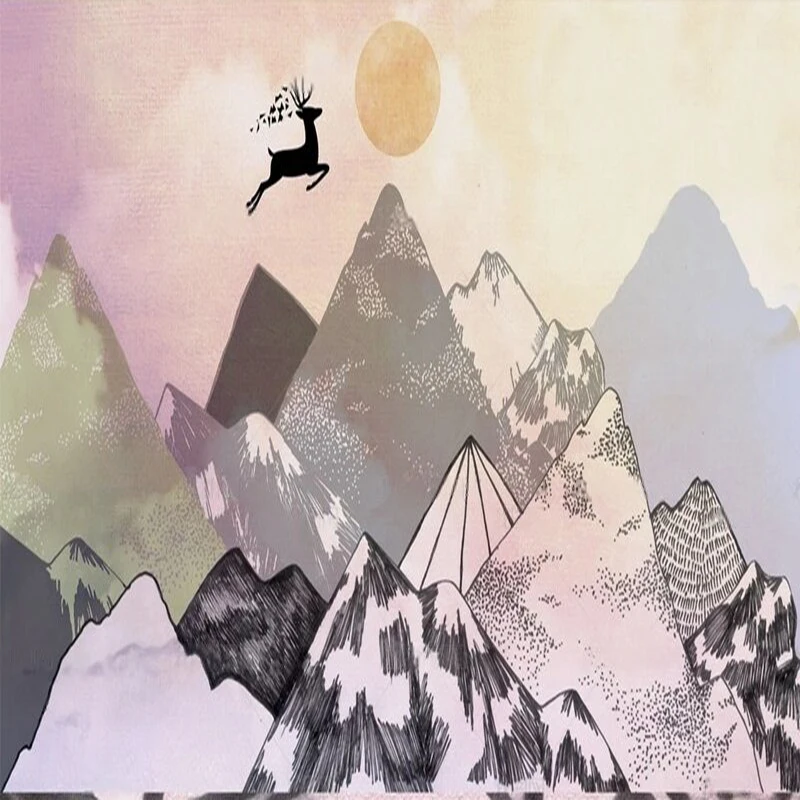 

Colorful Fairy tale pictures of mountains and flying birds for TV bedroom home decoration background and wall paintings