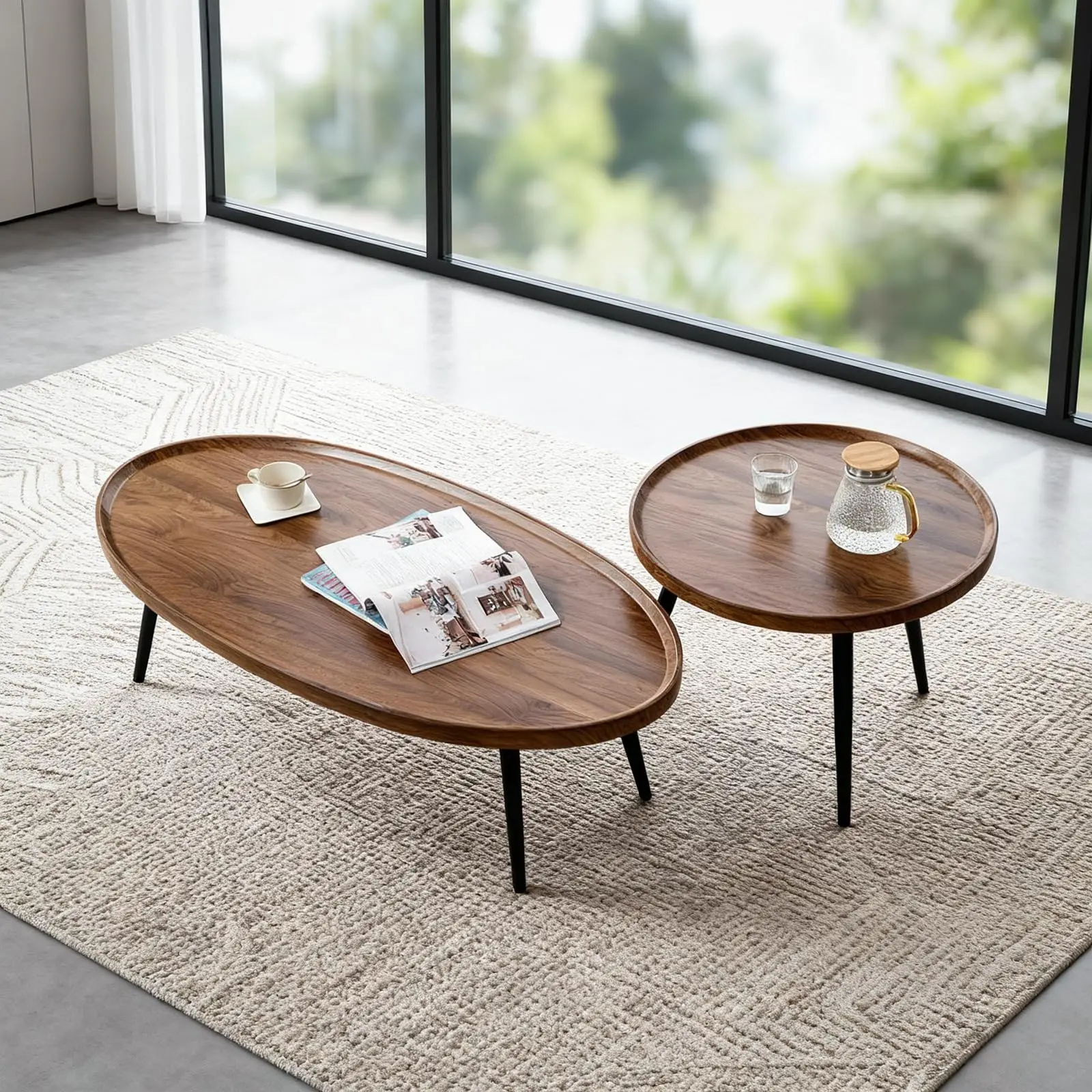 Nesting Coffee Table Set Of 2, Walnut Mid Century Modern Coffee Tables, Round Side End Tables For Living Room Small Spaces