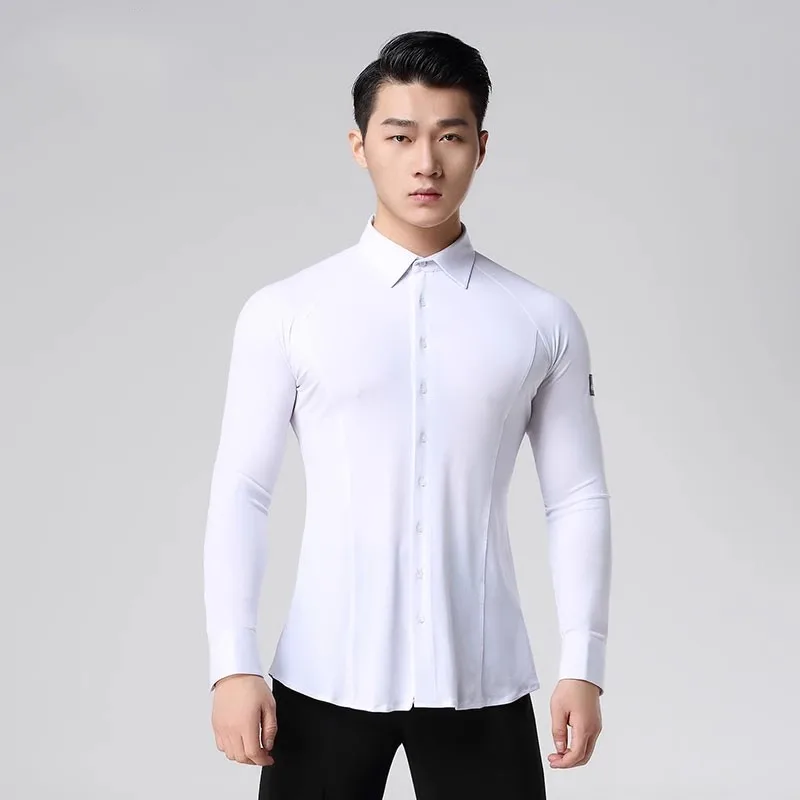 

White Men Latin Dance Shirt Clothes Long Sleeve Standard Modern Ballroom Tops Performance Waltz Practice Dancewear Costumes