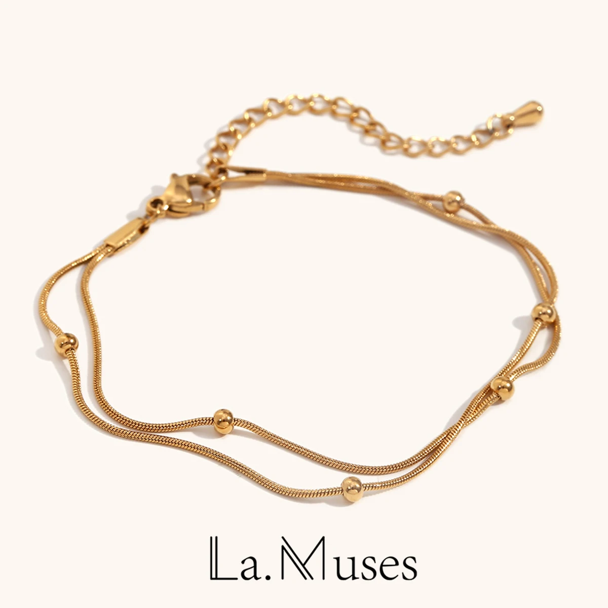 La.Muses 2-layer Round Bead Snake Ankle Chain For Women High Quality Stainless Steel 18 K Metal Necklace Anniversary