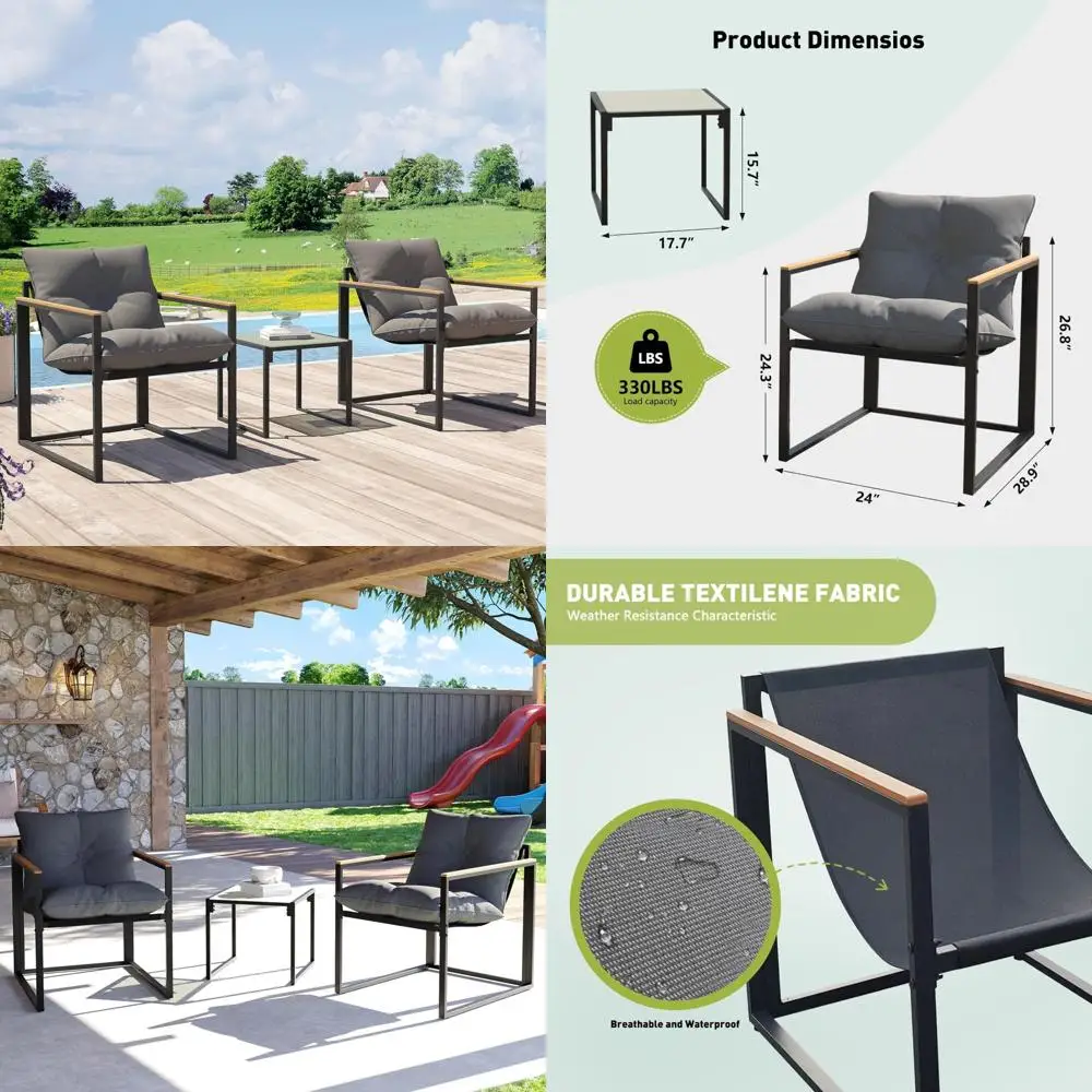 

3-Piece Patio Bistro Set with Anti-Scald Armrests — Small Balcony Furniture, Outdoor Patio Furniture Set with Glass Table and Th