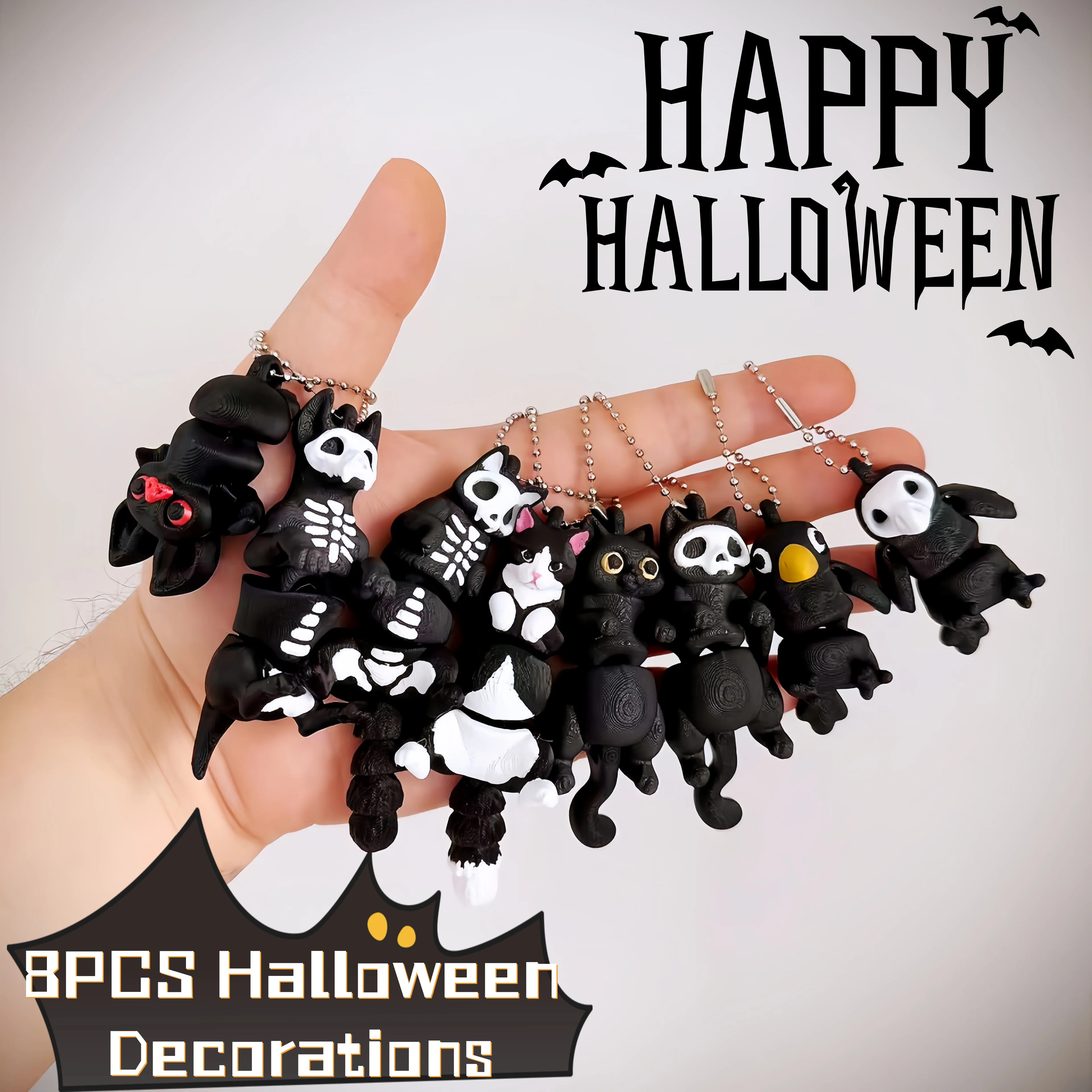 1/8 piezas - Gato de hueso articulado impreso en 3D, perro de hueso, cuervo, murciélago, colgante de gato negro, regalo de llavero de boda de cumpleaños de Navidad de Halloween, decoración colgante interior y exterior, adorno colgante para coche
