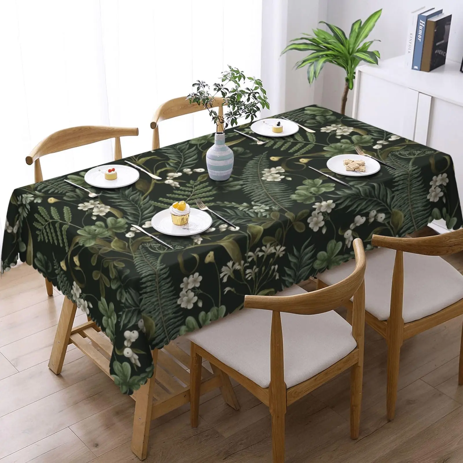 Botanical Tablecloth White Flowers and Berries Fern and Leaves Rectangular Washable Table Cover Rectangle Table Cloth for Party