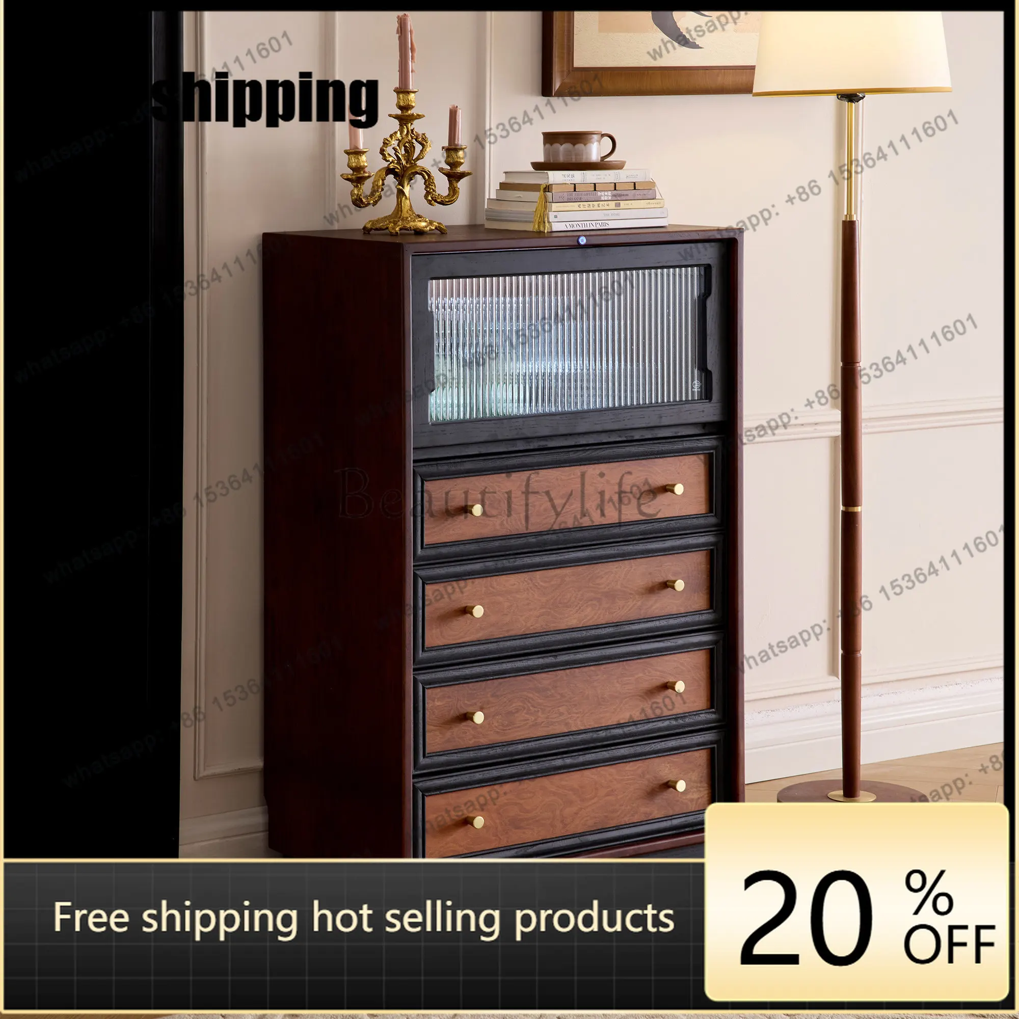 LD French retro solid wood chest medieval living room glass bedroom multi-functional cabinet