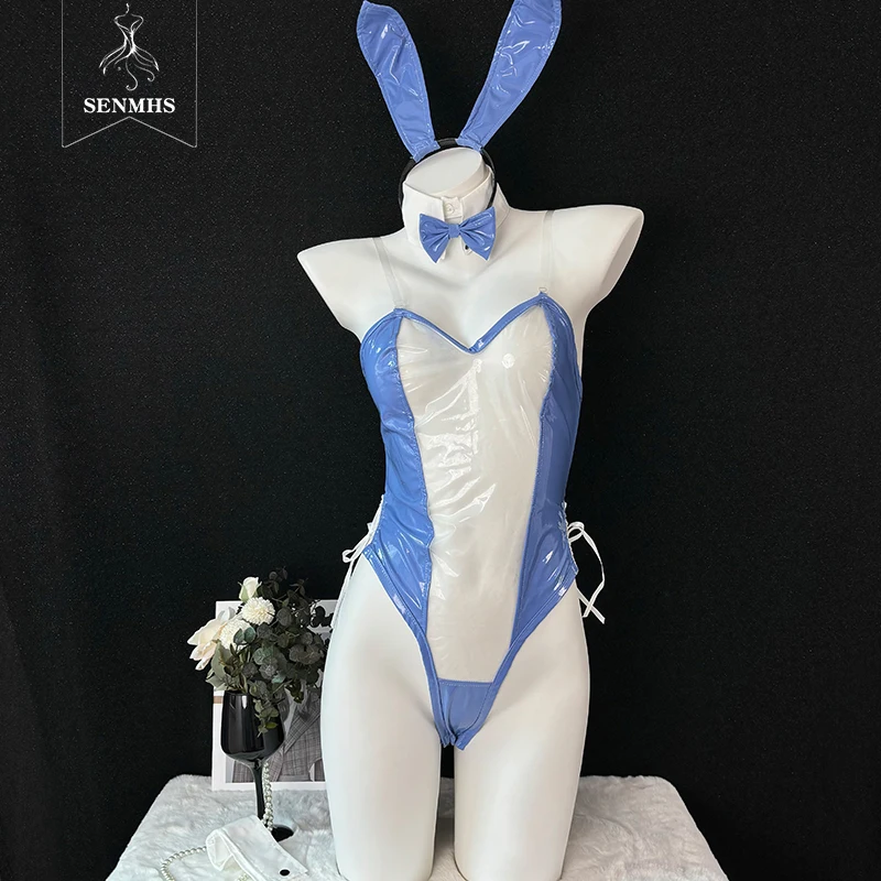 

SENMHS Sexy Cute Transparent Bunny Cosplay Patent Leather Costumes Sweet Blue Jumpsuit Women Halloween Costume Rabbit Suit