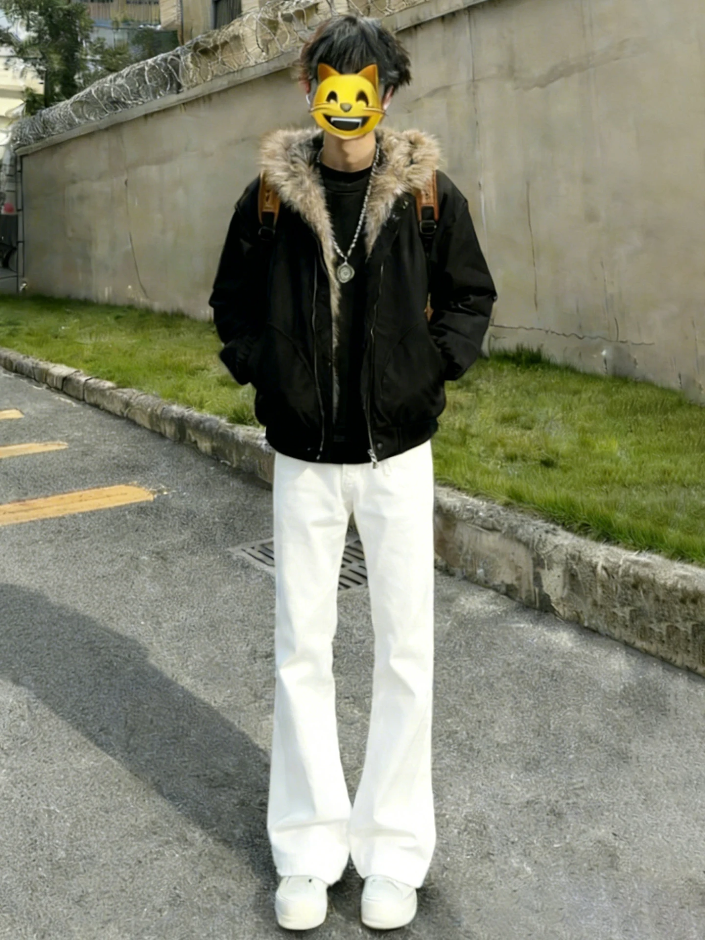 

White American Fce Lined Knife Jeans for Men Winter Faion OOTD Straight Leg Micro Flare Pants Low Waist Youth Trend