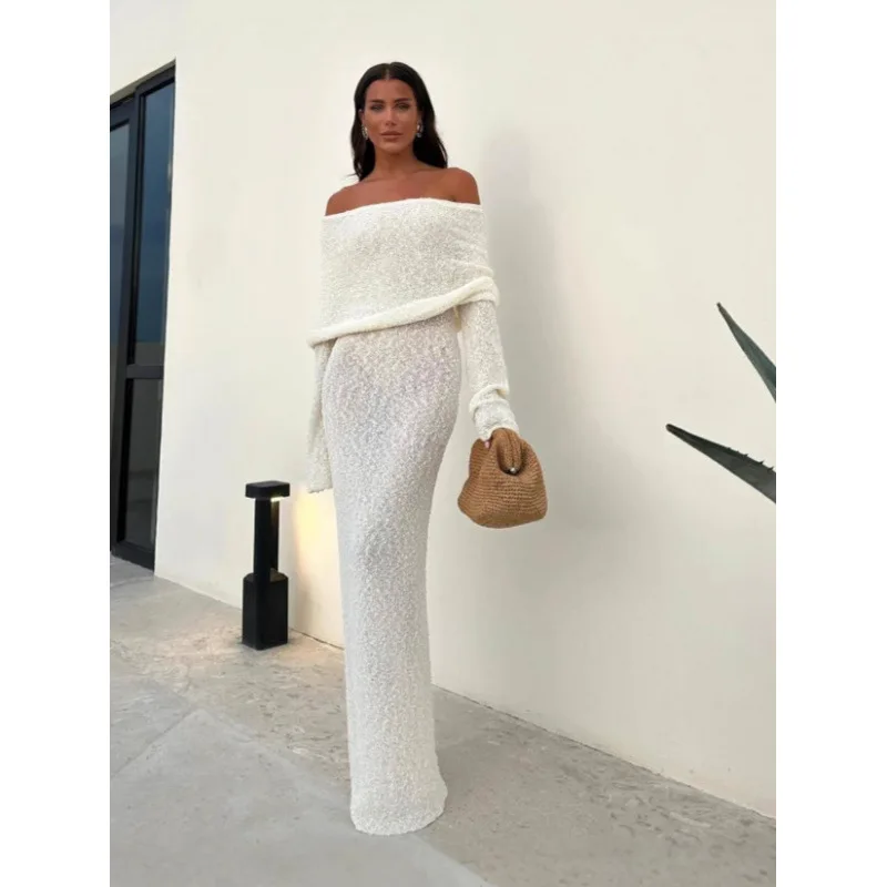 Sexy One Shoulder Knitted Slim Fit Chic Holiday Party Women's Dress Fashion Shawl Long Sleeve Elegant Female One Step Long Dress