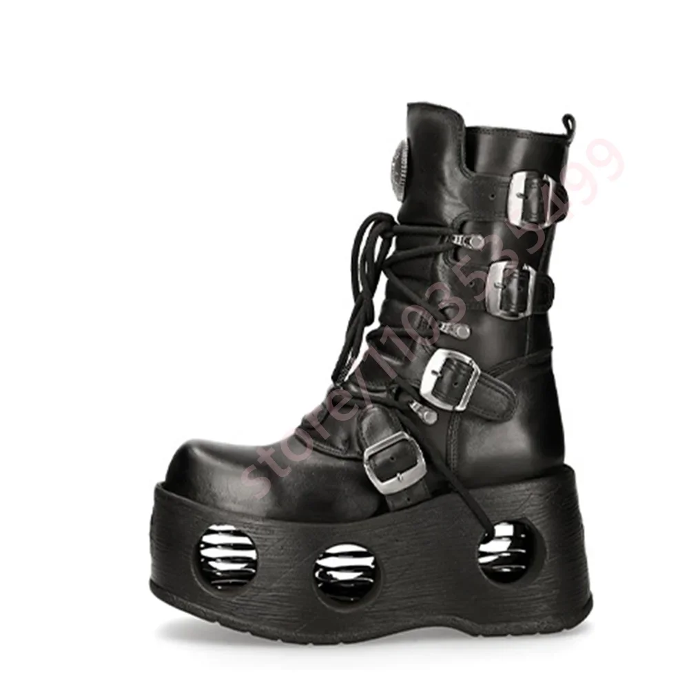 

Women's Black Platform Buckle Motorcycle Boots Punk Fashion Sporty Casual Boots 2025 Winter New Round Gothic Street Rock Boots