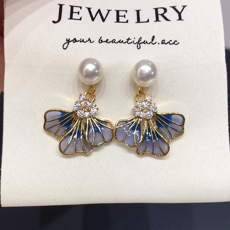 

Zhuji Natural Freshwater Pearl Earrings Female Empty Window Enamel Blue Iris Flower Earrings Ins Wind Light Luxury Earrings