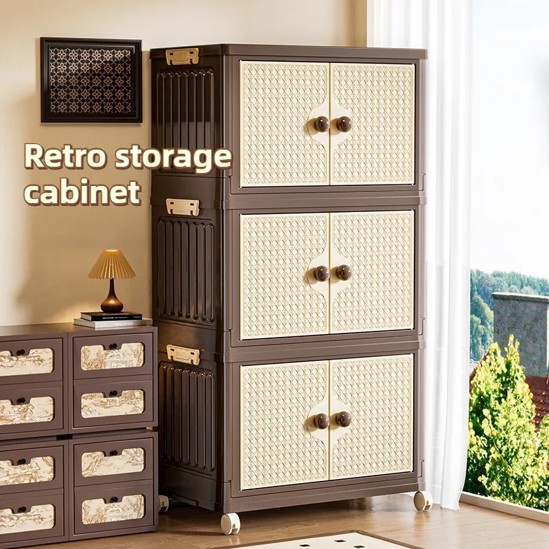 Plastic Storage Cabinets Large Double Door Household Clothes Storage Cabinets Foldable Retro Style Multi-layer Home Decor