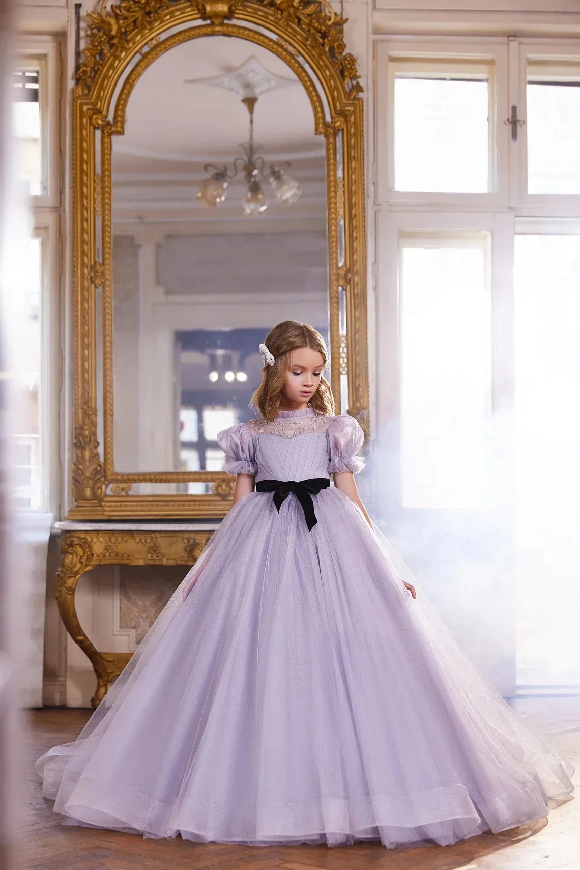 

Puffy Sleeve Flower Girl Dresses Long Tulle Beaded Pageant Ball Gown Birthday Princess Party First Communion Dress for Girls