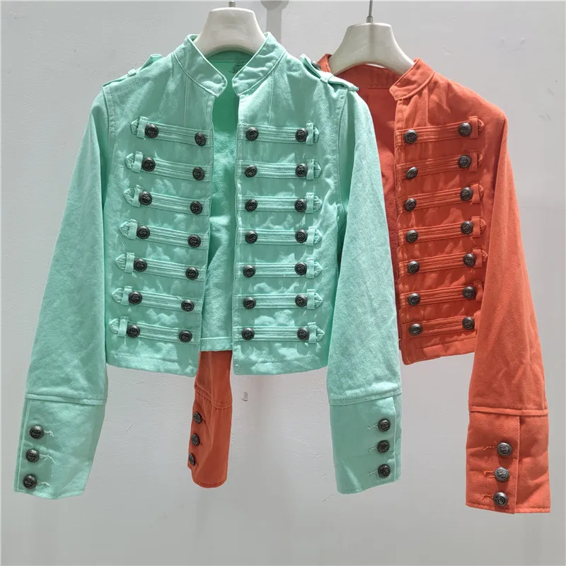 Vintage Metal Button Women's Denim Jacket American Style High Street Stand-up Collar Coats Long Sleeve Orange Slim Jacket