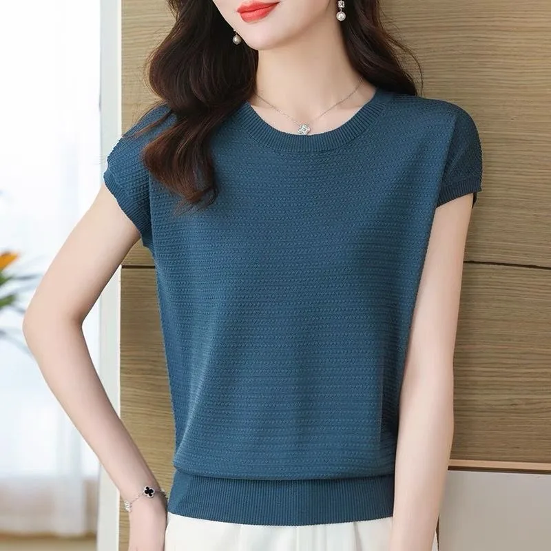 아웃렛 아이스 실크 니트 라운드 넥 얇은 여름 상의 엄마 출퇴근용 루즈핏 레귤러 소매 길이