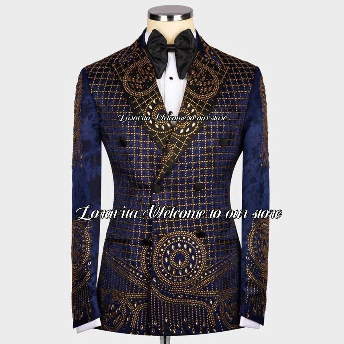 Elegent Jacquard Men Suit Luxury Beaded Crystals Groom Tuxedo 2 Pieces Sets Male Prom Blazers Customized Wedding Costume Homme