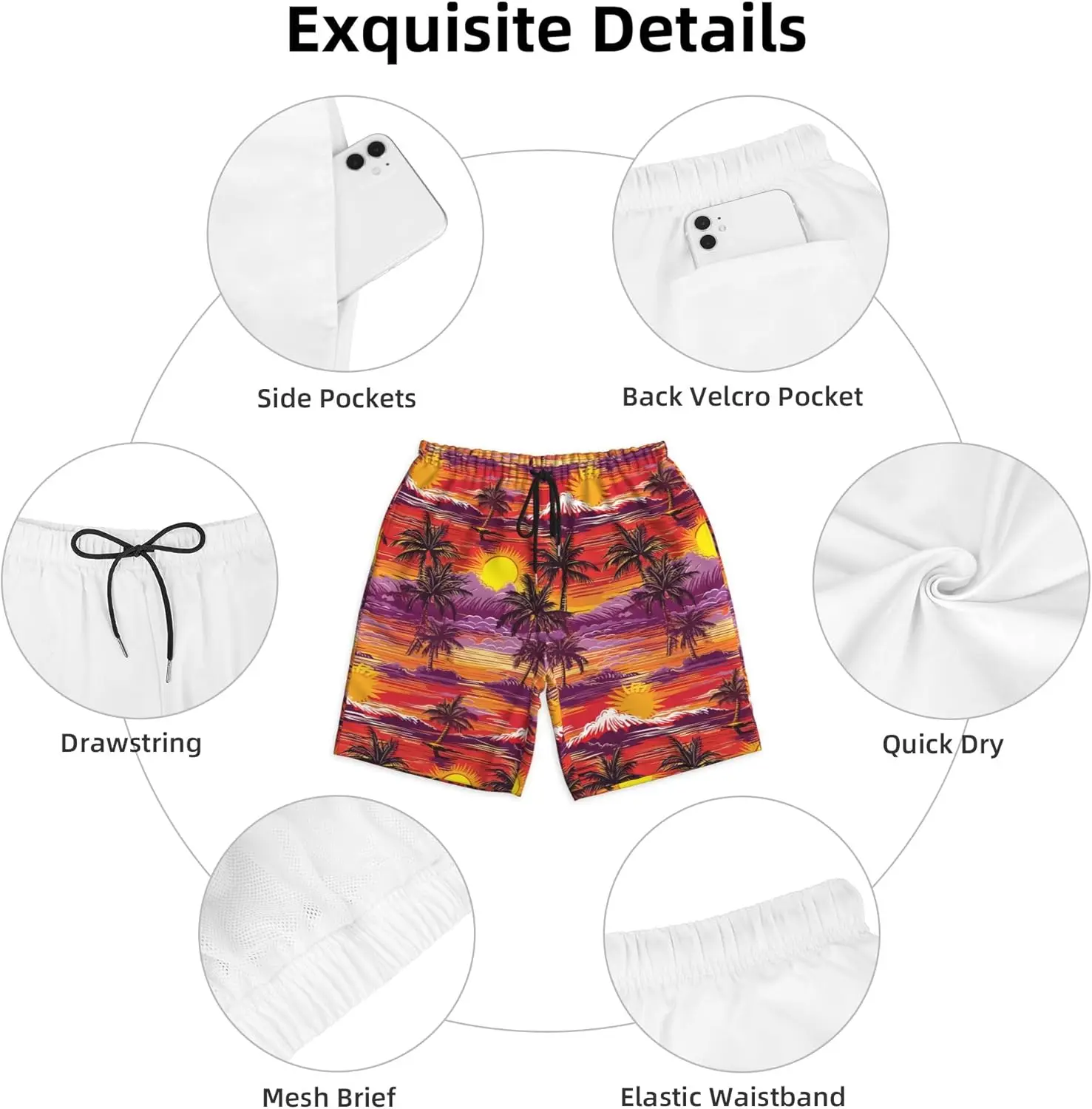 กางเกงว่ายน้ําบุรุษ Hawaiian Summer Tropical Beach Shorts แห้งเร็วพร้อมกระเป๋า