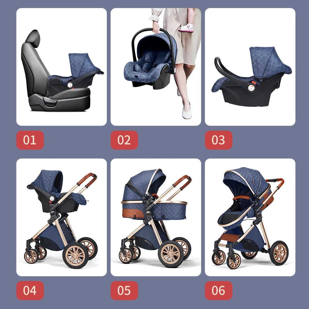 Luxury Baby Stroller 3 in 1 High Landscape Baby Cart Can Sit Can Lie Portable Pushchair Baby Cradel Infant Carrier