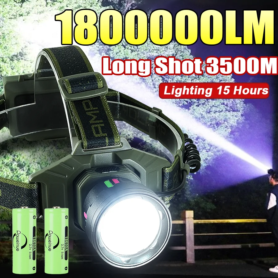 

1800000LM Самая мощная светодиодная фара Ультра яркая налобная фара 600 Вт с задним фонарем 18650 Налобный фонарь для кемпинга на открытом воздухе