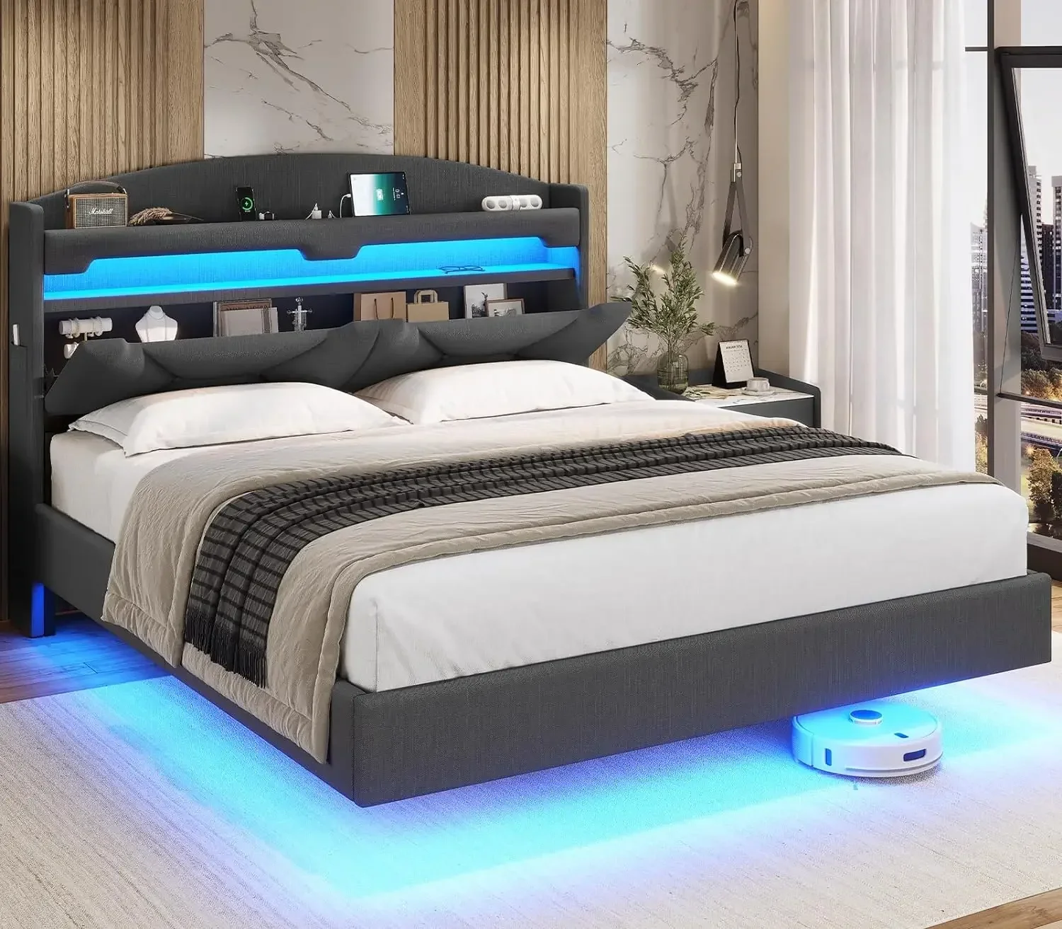 Floating Bed Frame with Charging Station, LED Bed Frame with Storage Headboard, Upholstered Platform Queen Bed with Shelves