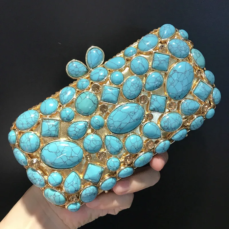 Turquoise Synthetic Agate Stone Evening Bags and Clutches for Women Formal Party Bags Party Rhinestone Handbags