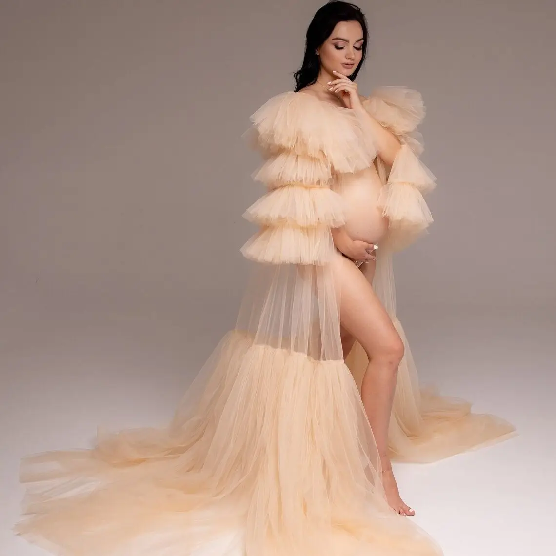 

Champagne Tulle Maternity Photoshoot Dresses Maxi Transparent Boudoir For Woman Baby Shower Gowns Prom Dress Long robe de mariee