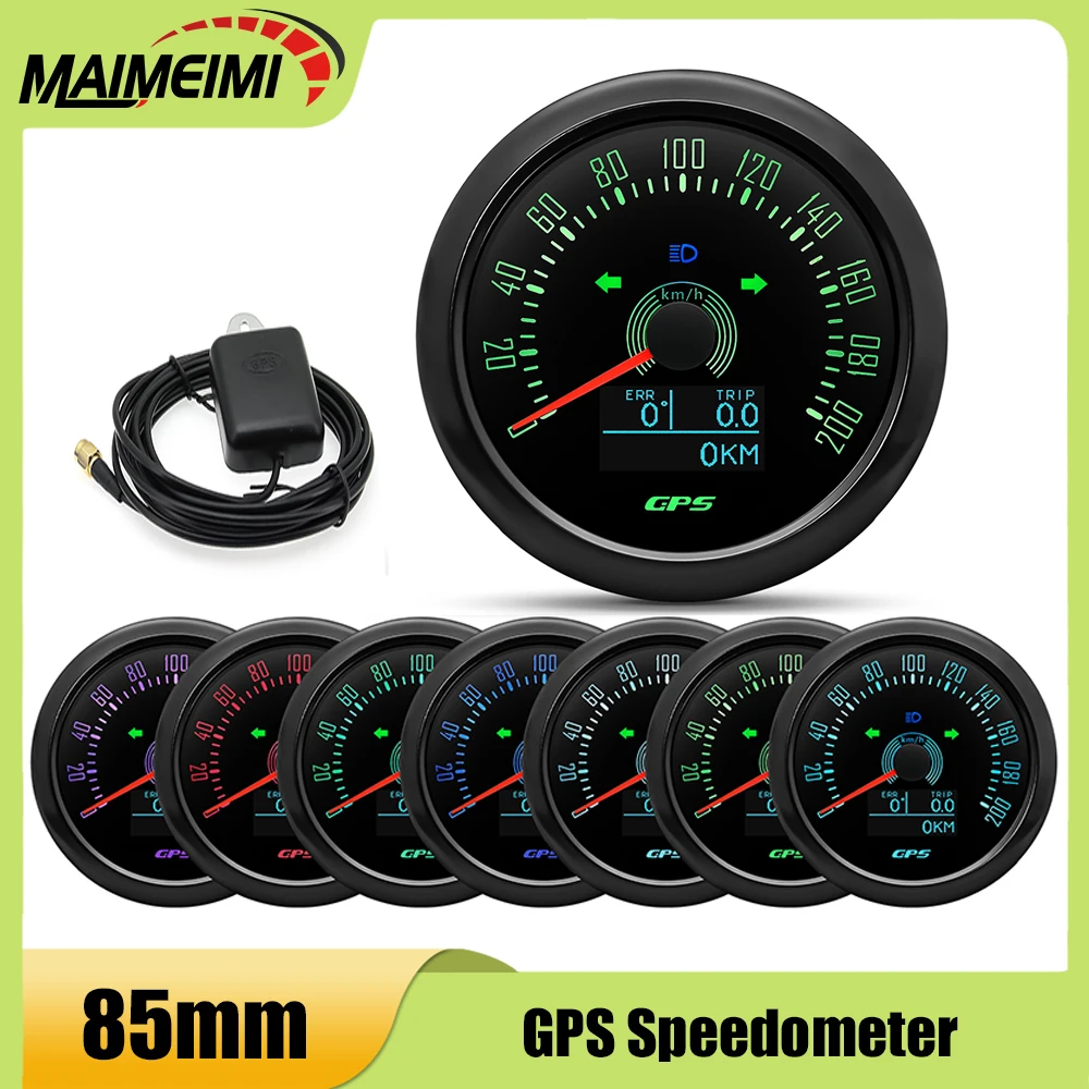 

0-160MPH 0-200KMH 85MM GPS Speedometer With GPS Antenna 7 Color Backlight LED Odometer Auto Gauge For 12V 24V Car Boat Marine