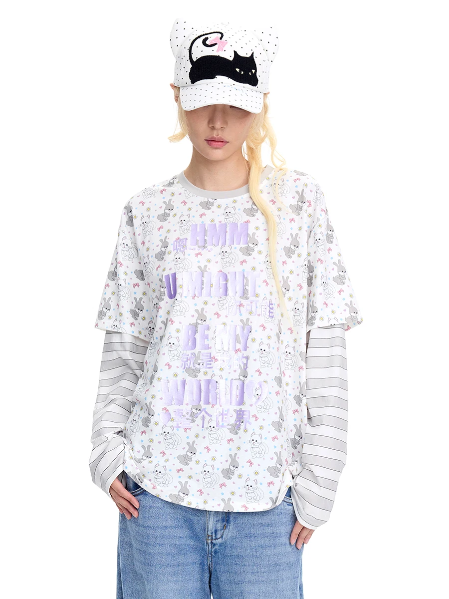 

CFIERCE And Rabbit Print Long Sve T-irt Fake Two-Piece Casual Loose Fit Cotton Polyester Blend ex round Ne