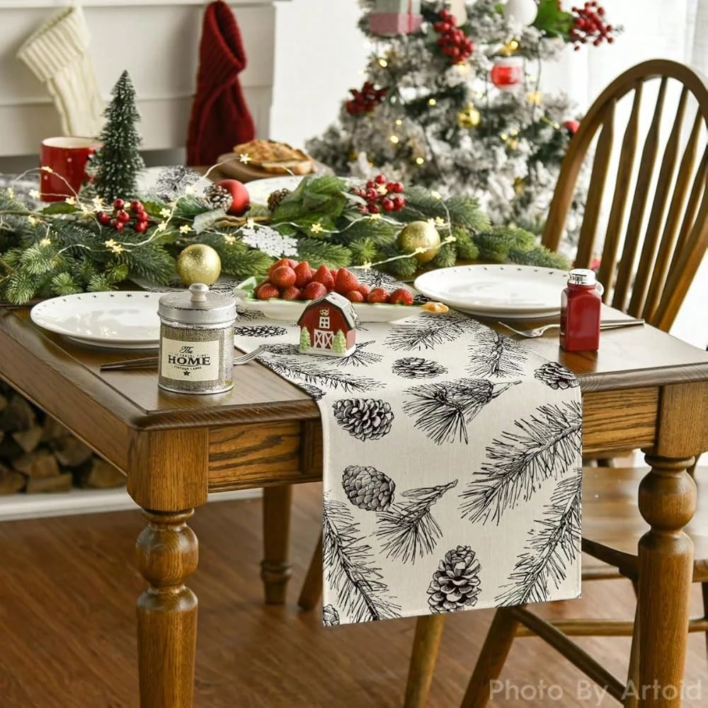Fir Pine Cone Christmas Table Runner, Seasonal Winter Leaves Design, Kitchen Dining Table Decoration for Home Party Decor