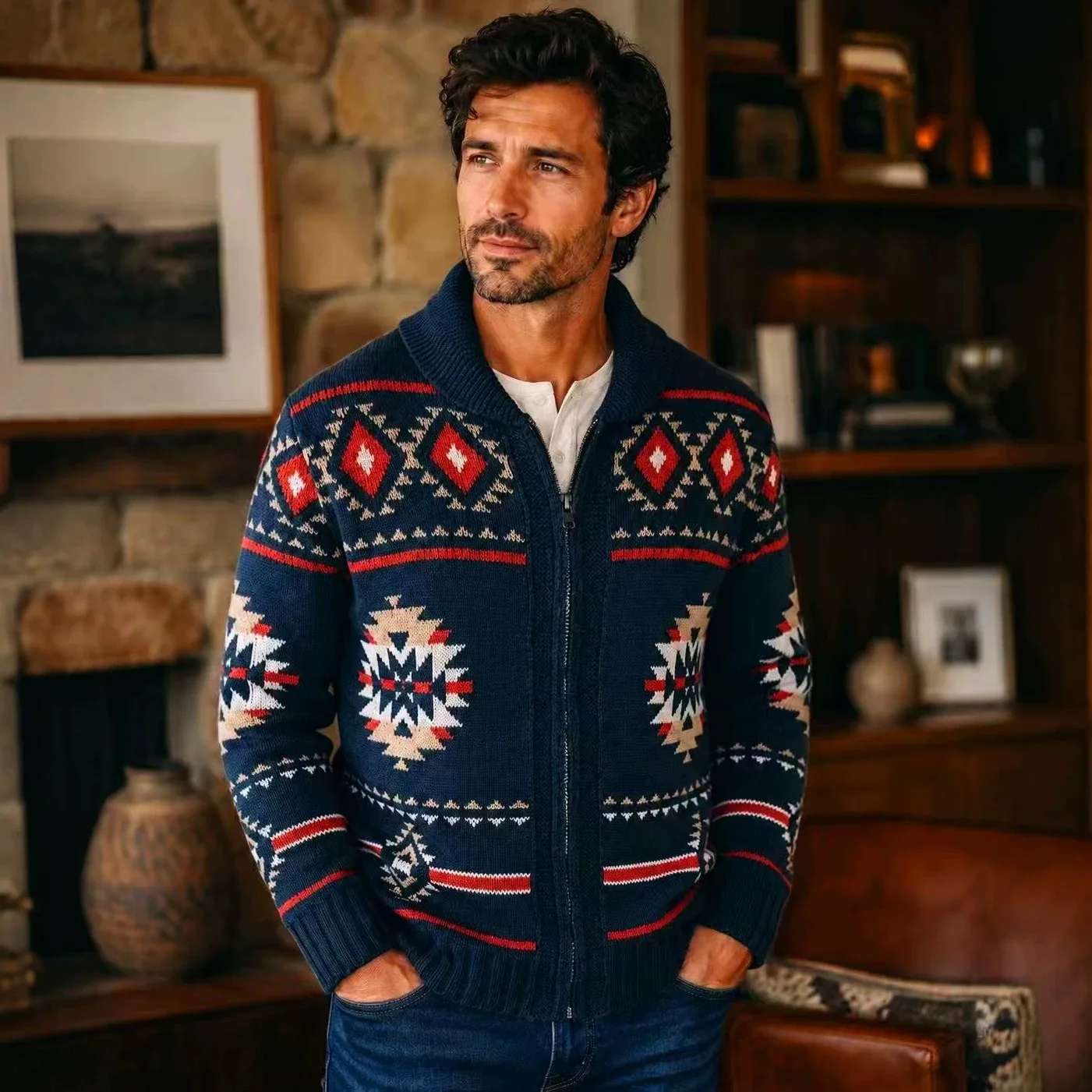2026 American Retro Jacquard Men's Zippered Sweater - Heavyweight Style with Peony Collar Knitted Sweater US/European size