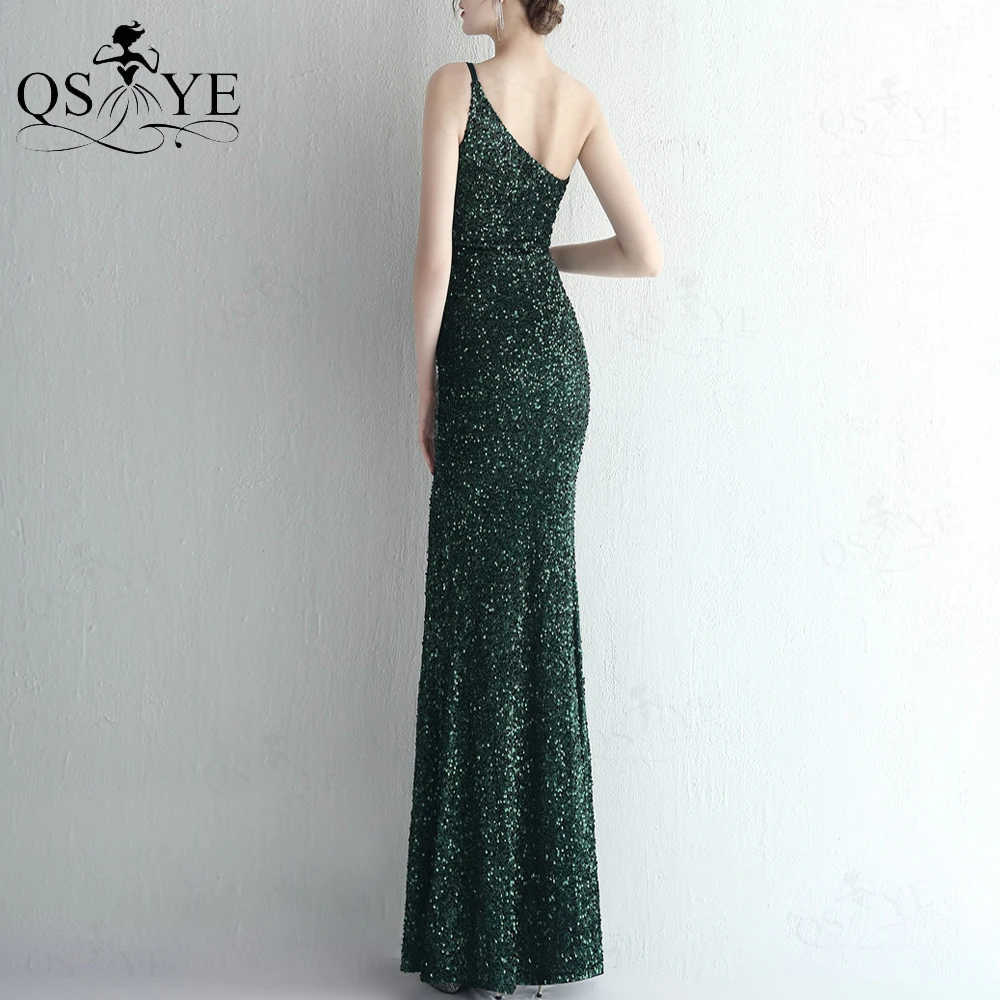 One Shoulder Green Evening Dresses Mermaid Sequin Prom Gown Glitter Lace Long Formal Party Open Split Women Fashion Prom Dress