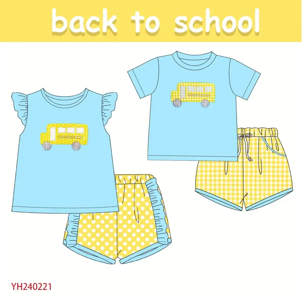 

Baby Back to School Series Blue Short Sleeve Yellow Shorts Bus Print Premium Toddler Matching Set