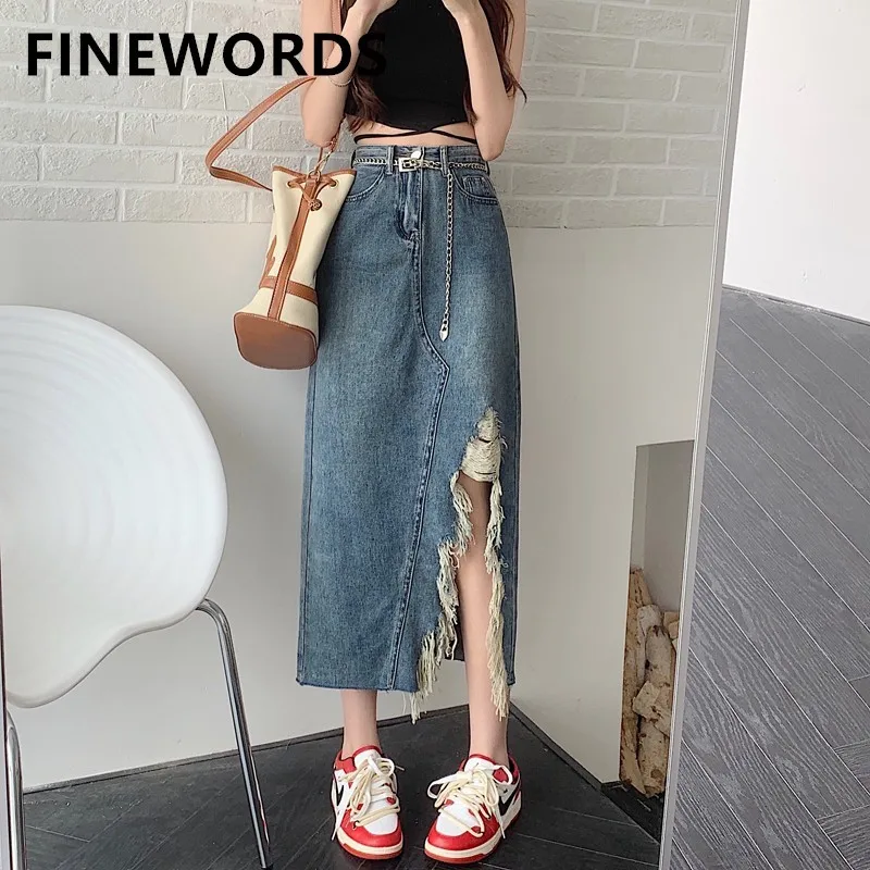 

FINEWORDS Summer Vintage Casual Korean Tassel Ripped Denim Skirts Women High Waist Jeans Skirts Knee Length A Line Split Skirts