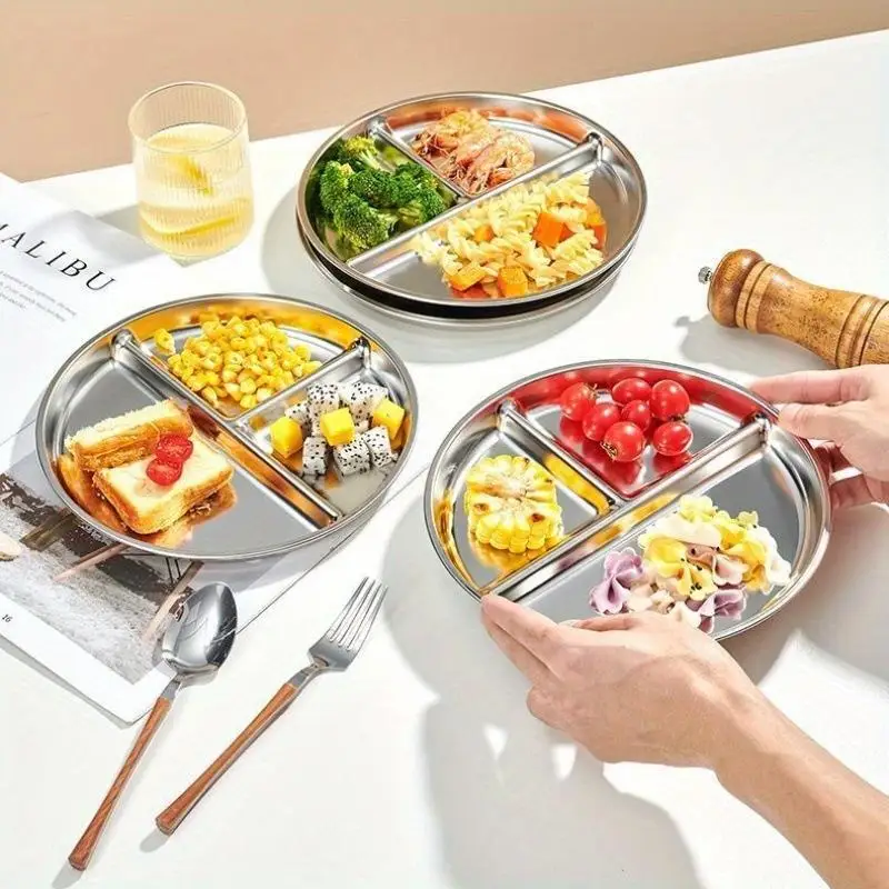 1/3Pcs 23CM Round Stainless Steel 3 Grid Durable Dinner Plate Serving Tray For Kids Student Quantitative Proportion Meal Plate