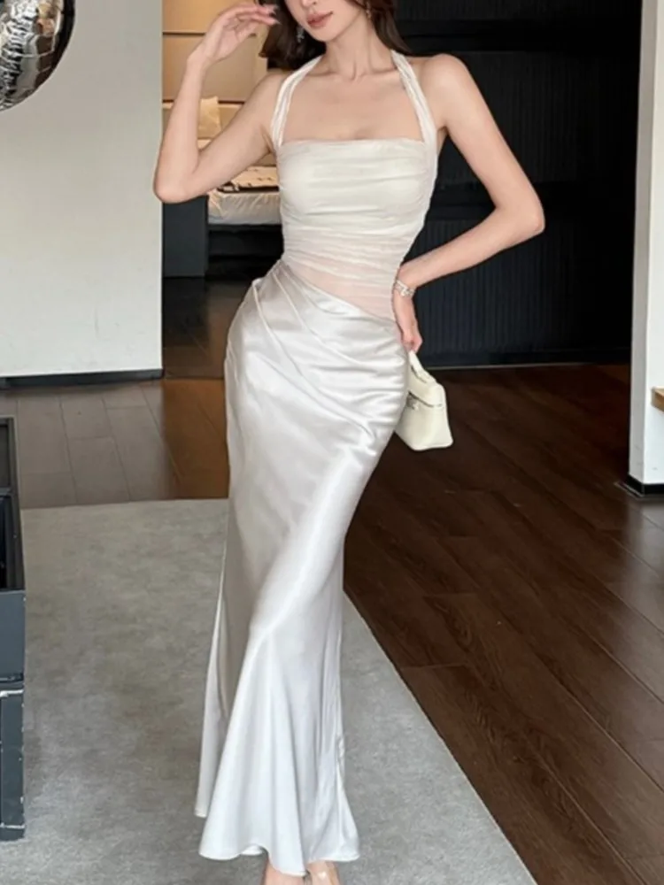 

Women's Mesh Satin Evening Long Dress Elegant Solid Off-Shoulder Party Maxi Dresses Sexy Sleeveless Wedding Guest Prom Vestidos