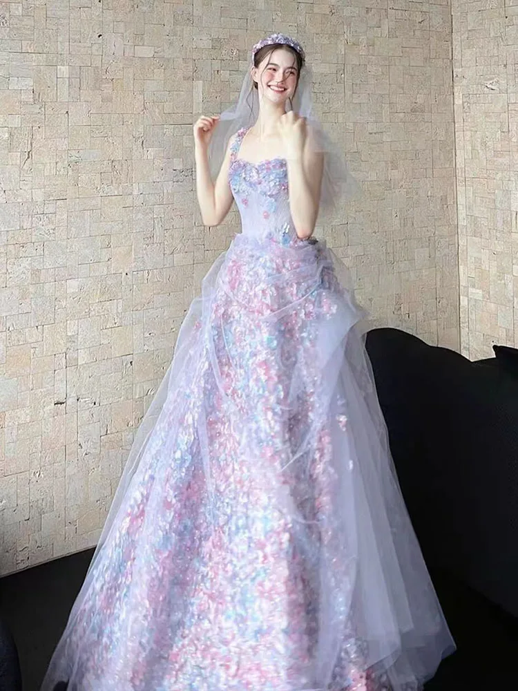 

Фиолетовое вечернее платье для женщин: роскошное, матовое, для помолвки и свадьбы, элегантное, с завышенной талией, А-силуэт, юбка миди