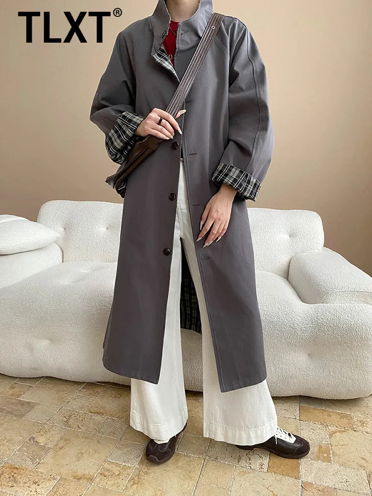 

TLXT Elegant Women's Office Lady Long Trench Stand Neck Single Breasted Belt Gathered Waist Double Side Wearable 2025 Autumn New