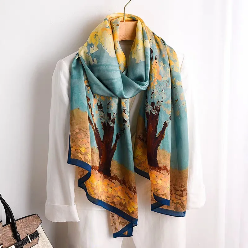 

100% Mulberry Silk Long Scarf for Women Oblong Shawls for Headscarf Neck- Oblong Hair Wraps Gift Packed Lake Blue Tree Print