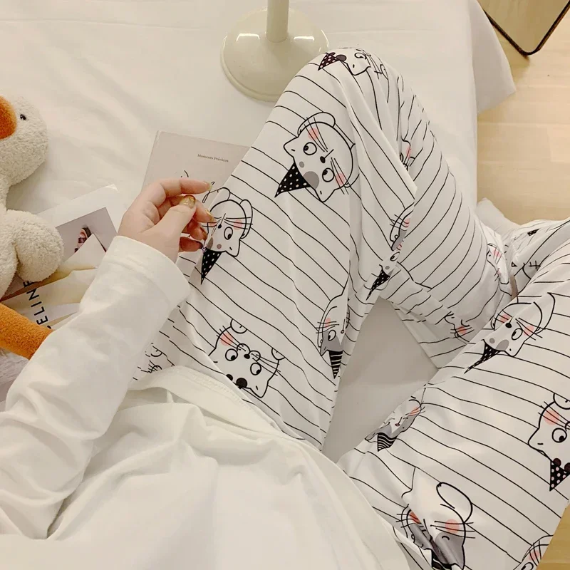 

Пижамные штаны, женские белые полосатые брюки с рисунком кота, женские зимние студенческие домашние штаны больших размеров, повседневные спальные штаны для девочек