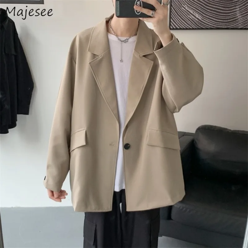 Casual Blazers Men Loose Ulzzang Newly Fashion Autumn Outwear High Street Vintage Simple Pure Color All-match Man Clothing Ins