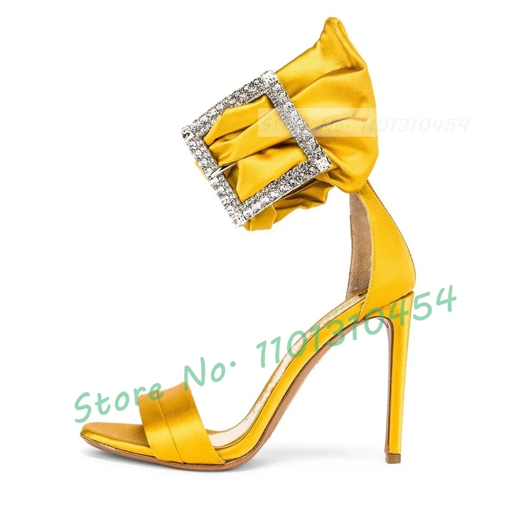 Gems Buckled Silk Heeled Sandals For Women Fashion High Stiletto Heels Yellow Shoes Ladies Summer Luxury Open Toe Satin Sandals