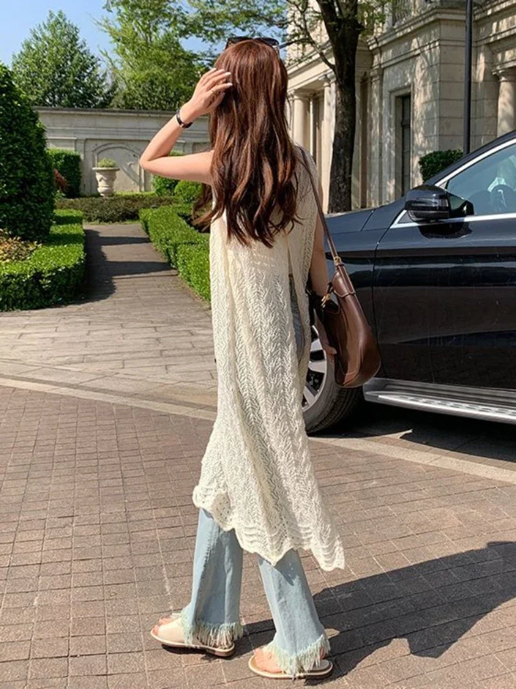 Knitting Hollow Out Dress Women Solid Trendy Long Style Summer Holiday Hot Sale Basic Aesthetic Midi Thin O-neck Casual Harajuku