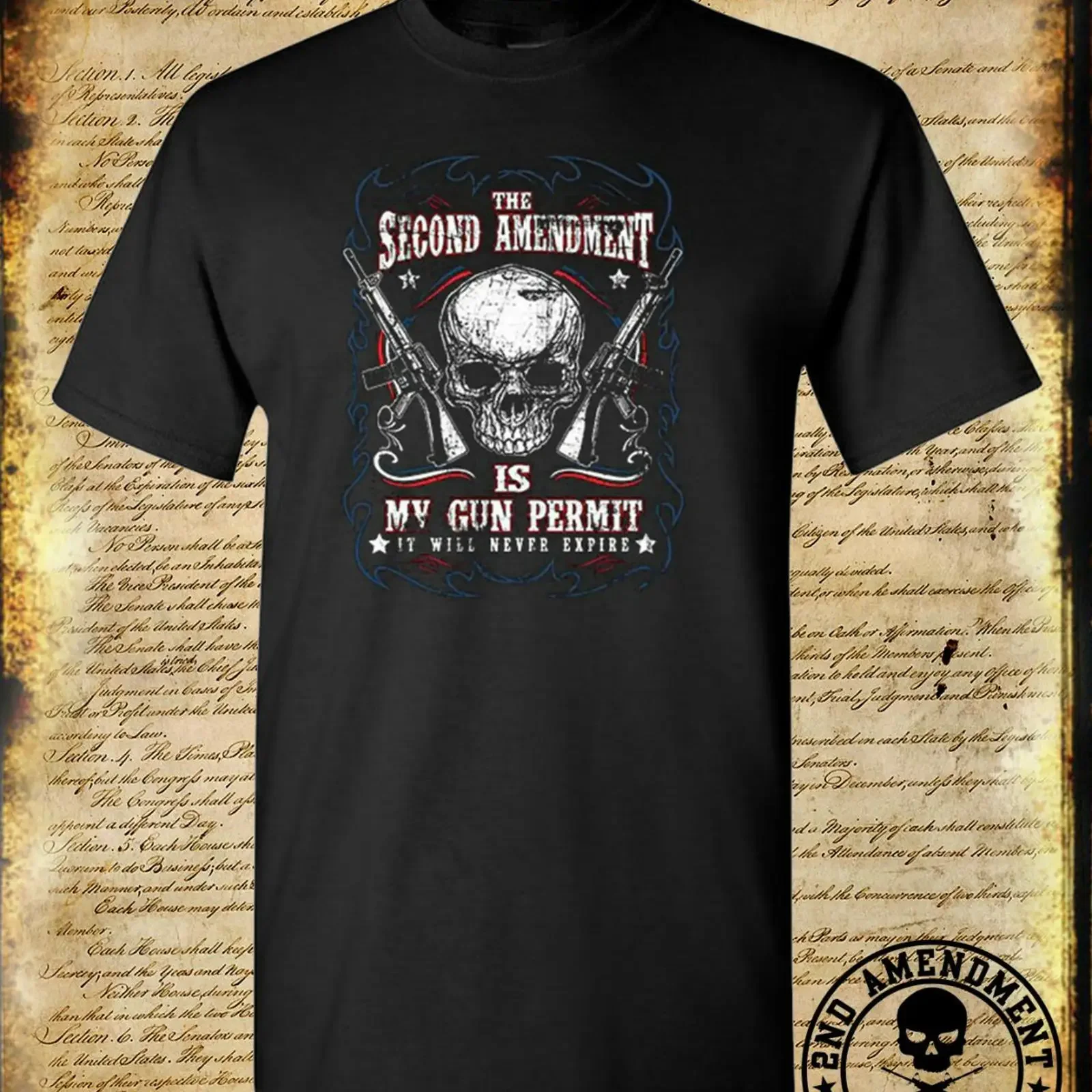 The 2nd Amendment Is My Gun Permit NEVER Expires Skull AR 15 5 56 T Shirt USA vintage Washed homme Stretched Breathable
