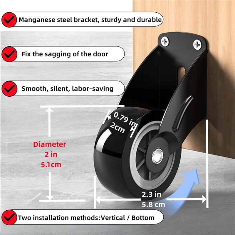 ABLK Paquete de 4 ruedas de puerta antihundimiento de 2 pulgadas, ruedas de soporte inferior de puerta para reparar puertas de madera que caen