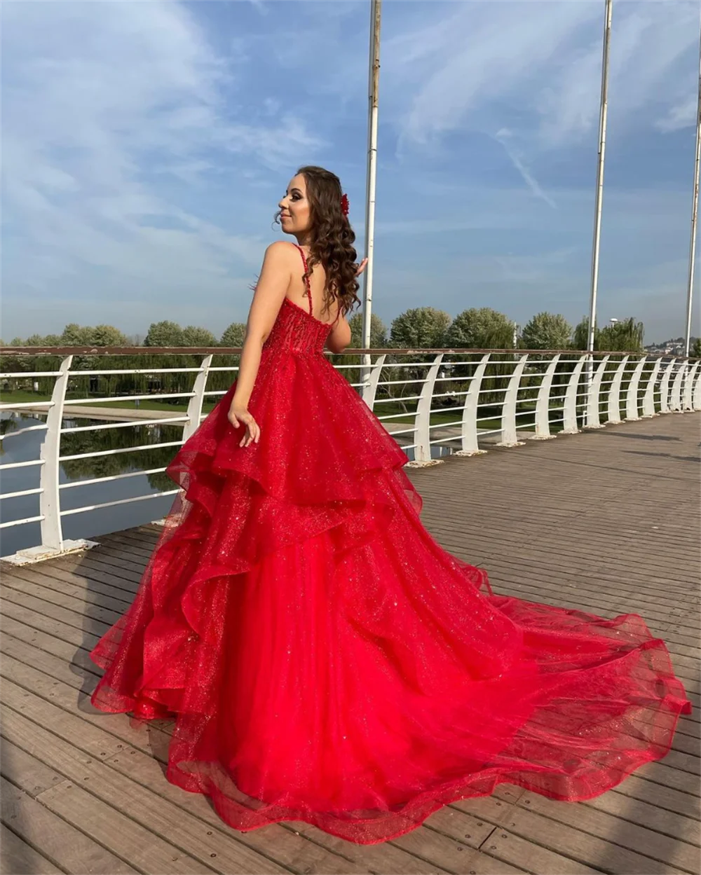 Jessica Red Wedding Dress Feather Glitter Sequins Luxury Prom Dresses Fluffy Tulle Princess Women Bespoke Occasion Dresses