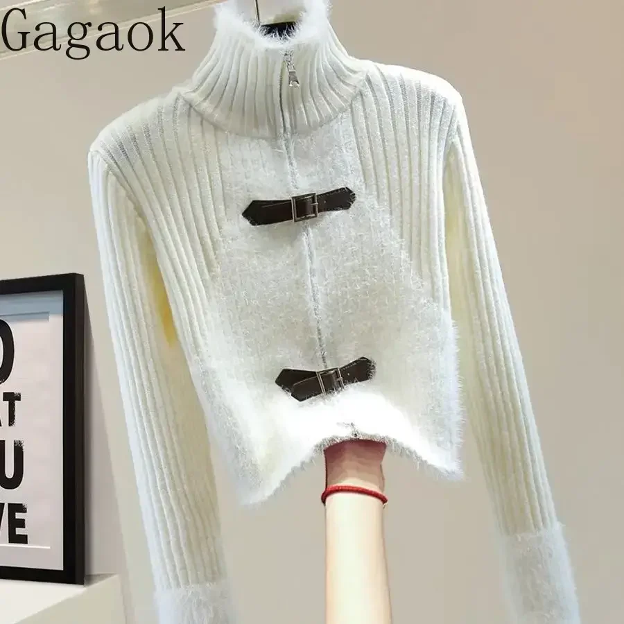 Gagaok American Retro Cardigans Women High Neck Double Zipper Leather Button Sweater Jacket Female Winter Plush Splicing Top