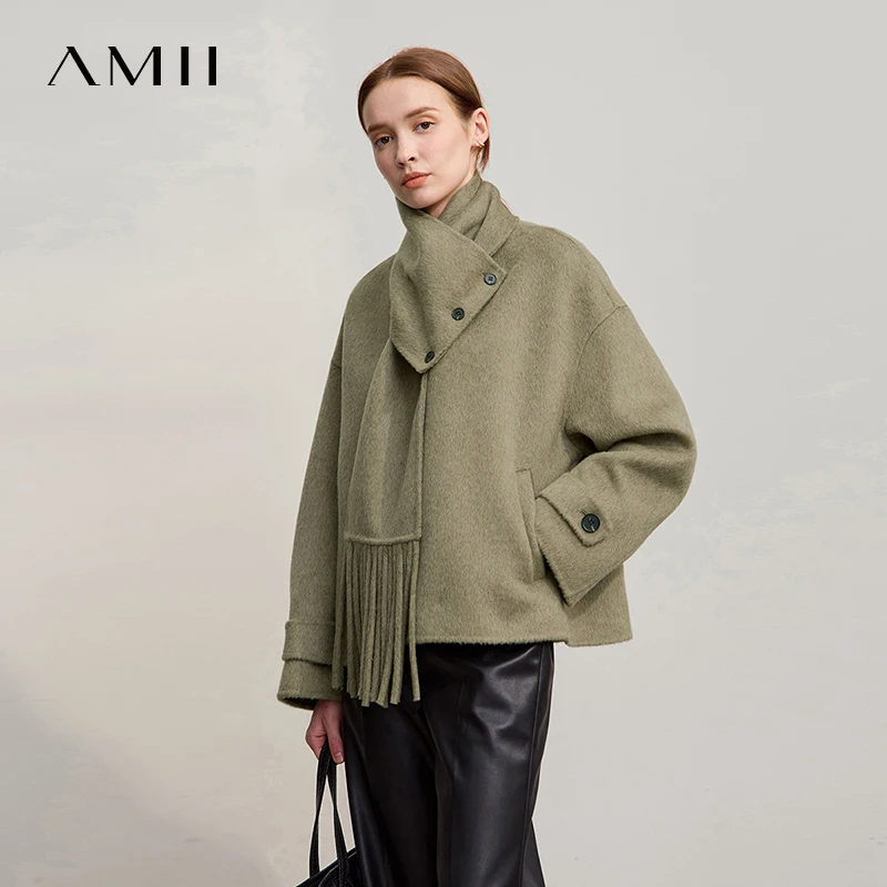 

AMII женское пальто 2025, новинка зимы, шерстяная куртка с короткими рукавами и v-образным вырезом, женская свободная шерстяная теплая женская верхняя одежда 12524033